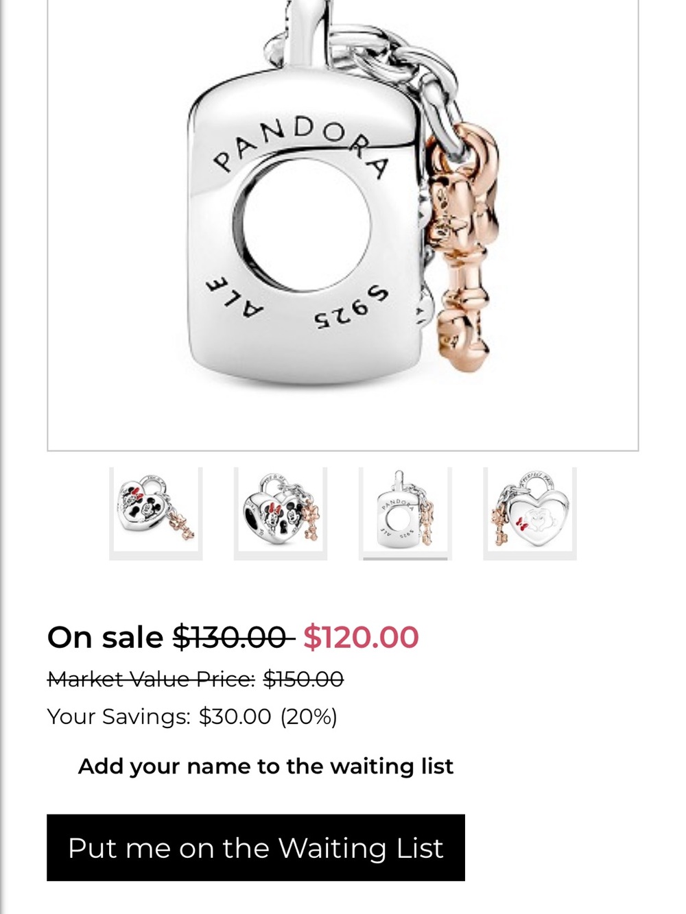 ❤️Disney Pandora Sterling Silver Mickey & Minnie Heart Lock Charm Rose Gold Key - Picture 4 of 8